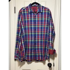Luciano Visconti XXL Button-Up Shirt Flip Cuff Multicolor Plaid Bold Casual